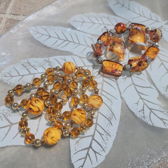 Vintage Murano Venetian Glass Beaded Swirl Necklace Bracelet Earrings Set 24 inc - Picture 1 of 12